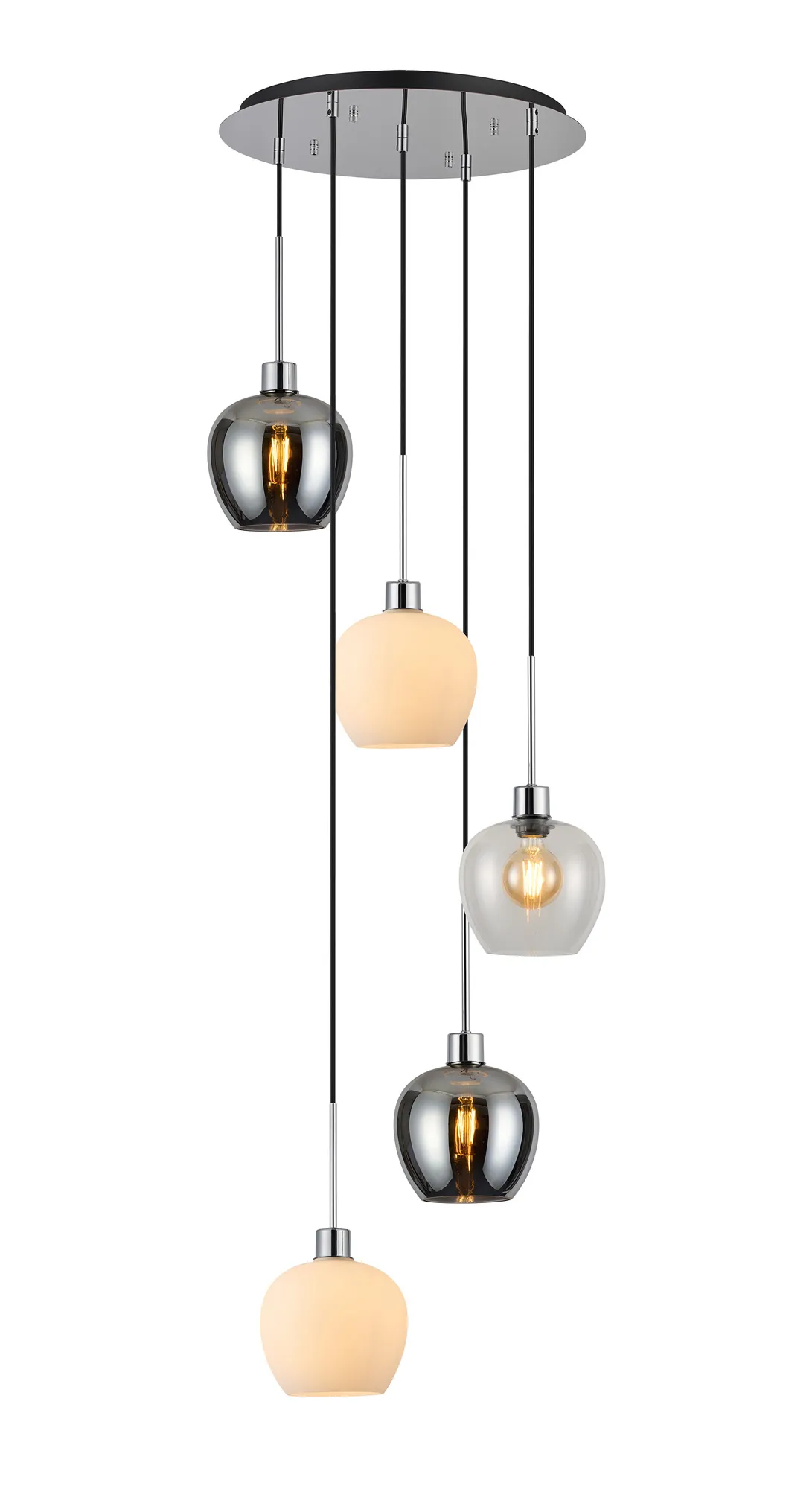 DK1293  Lori 45cm Round Pendant, 5 Light Adjustable E27, Polished Chrome/Chrome/Opal/Clear Wine Shades